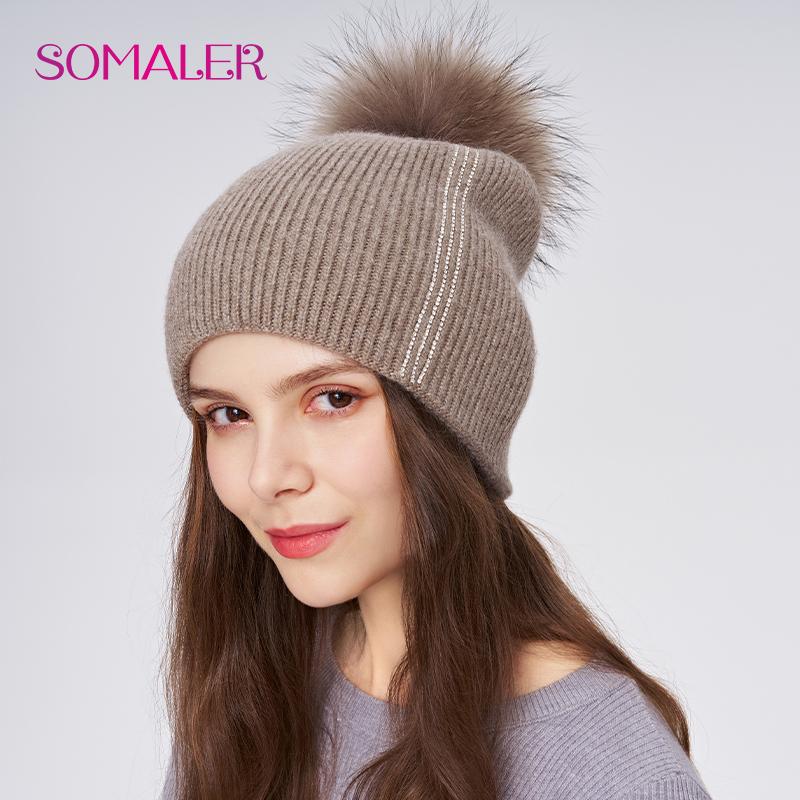 SOMALER Women Winter Fur Pom Pom Hat Wool Knit Beanie Hat With Rhinestone Warm Double Layer Luxury Fur Bobble Outdoor Cap