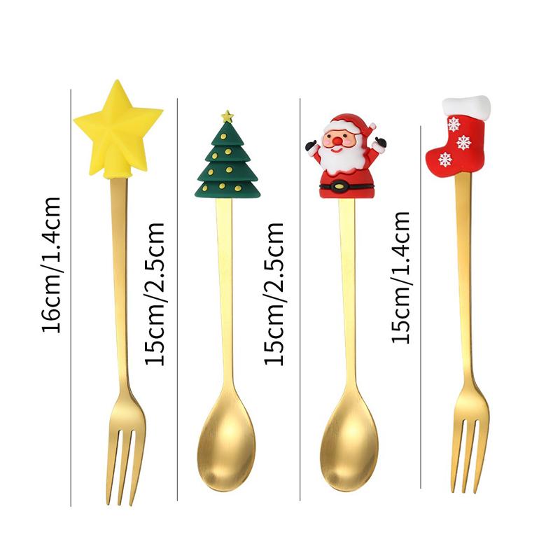 4pcs Christmas Spoon Fork Set Christmas Gifts Santa Xmas Elk Fruit Fork Coffee Spoon Cutlery Set Xmas New Year Tableware Decor