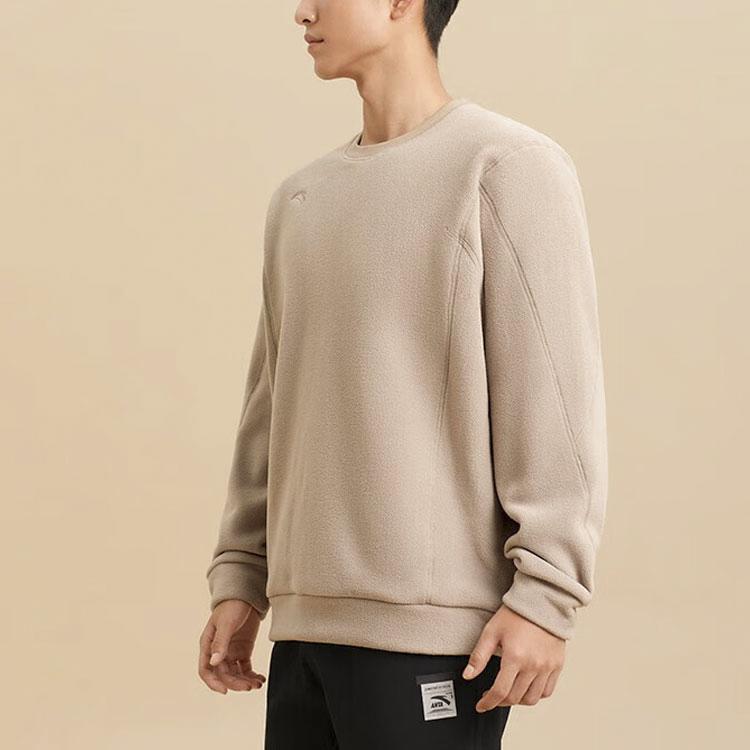Anta Training Series Solid Color Round Neck Pullover Fleece Sweatshirt Men Sweatshirt Dark-Gray Brown 952347704-3