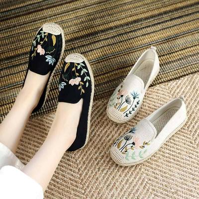 Chaussures plates brodées taïwanaises pour femmes - Style rétro à bout rond en lin
