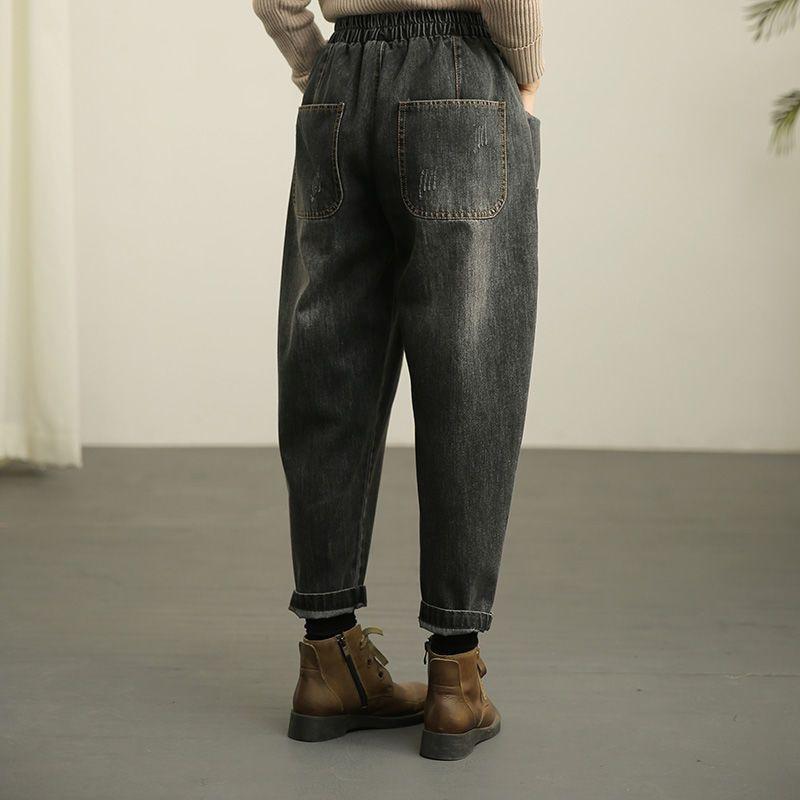 Plus Size Women's Retro Distressed Harem Denim Pants Elastic Waist Jeans Loose Casual Wide Leg Straight Big Pocket Trousers