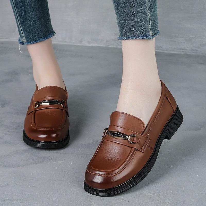 Wiosenne nowe retro małe skórzane buty pierwsza warstwa skóry bydlęcej gruba podeszwa średni obcas skórzane buty wizytowe