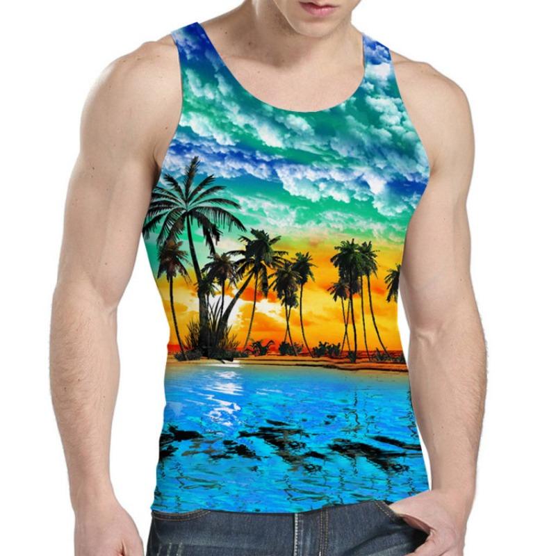 Men's O-Neck Colorful Striped Pattern Printing Tank Tops 3D Printed Vest Loose Sports Fitness  Sleeveless Shirt