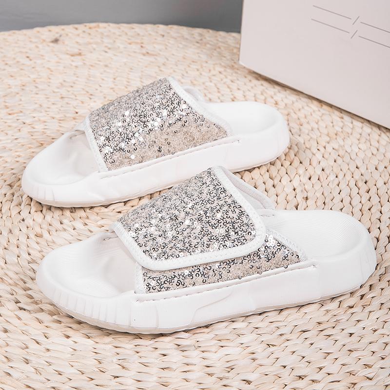 

TUINANLE летние тапочки с кристаллами женские сандалии на плоской подошве женские тапочки женские с круглым носком блестящие 39 белый