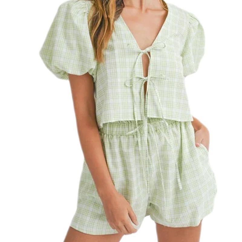 

Summer and Autumn Women s Clothing Fashion Elegant V-neck Lace-up Bows Puff Sleeve Top Casual Shorts Gingham Two-piece Set Green XL