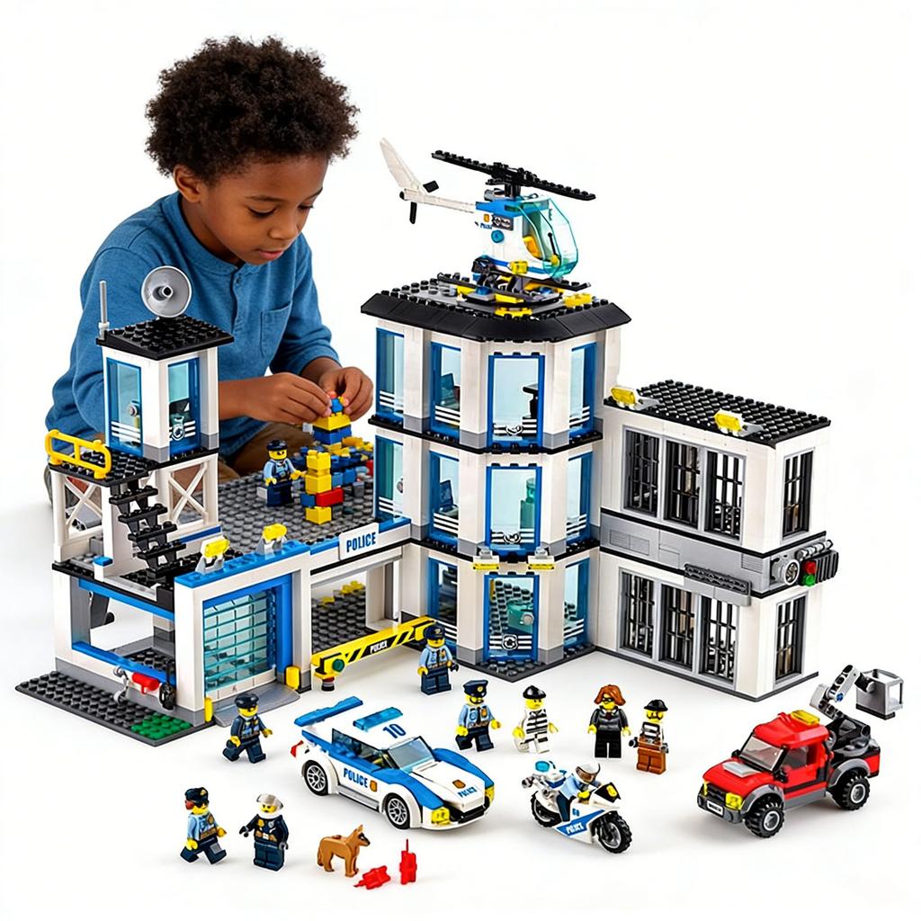 Stazione di Polizia SWAT Edificio Militare Blocchi da Costruzione Modello Città Set Auto della Polizia Figure Poliziotto Barca Giocattolo in Mattoncini DIY per Bambini Ragazzi Regalo