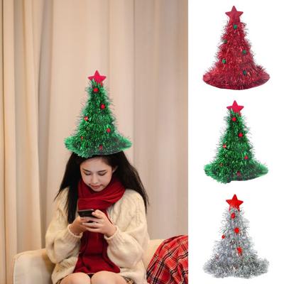 Christmas Hat Christmas Tree Shape Star Plush Ball And Sequins Decor Photo Prop Stage Performance Santa Hat New Year Party Headwear Costume