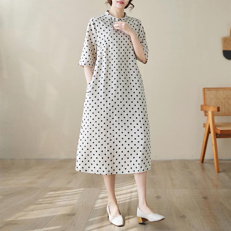 Summer 2026 Cotton Linen Polka Dot A-line Dress for Women