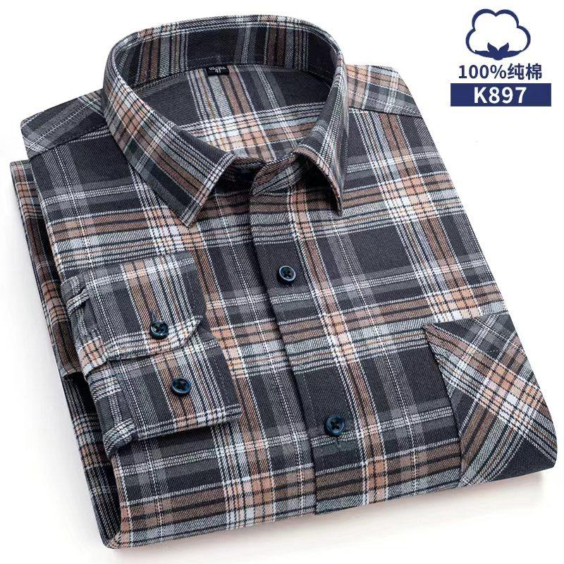 Oversized S~6XL Men's Plaid Shirt Long Sleeve Autumn Spring Soft Standard Fit 100% Cotton Brushed Outerwear Casual Man Clothing