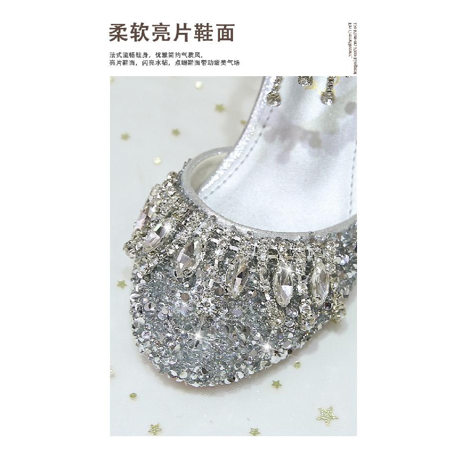 Girls' High Heels Princess Shoes Little Girl Dress Crystal Shoes Soft Sole Silver Children's Fashion Show Performance Leather Shoes
