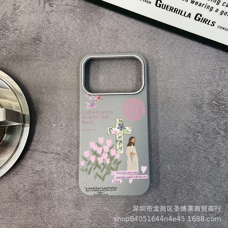 Pink tulip is suitable for iPhone17promax mobile phone case, Apple 16 all-inclusive 15 anti-drop 13 leather pattern protective case.