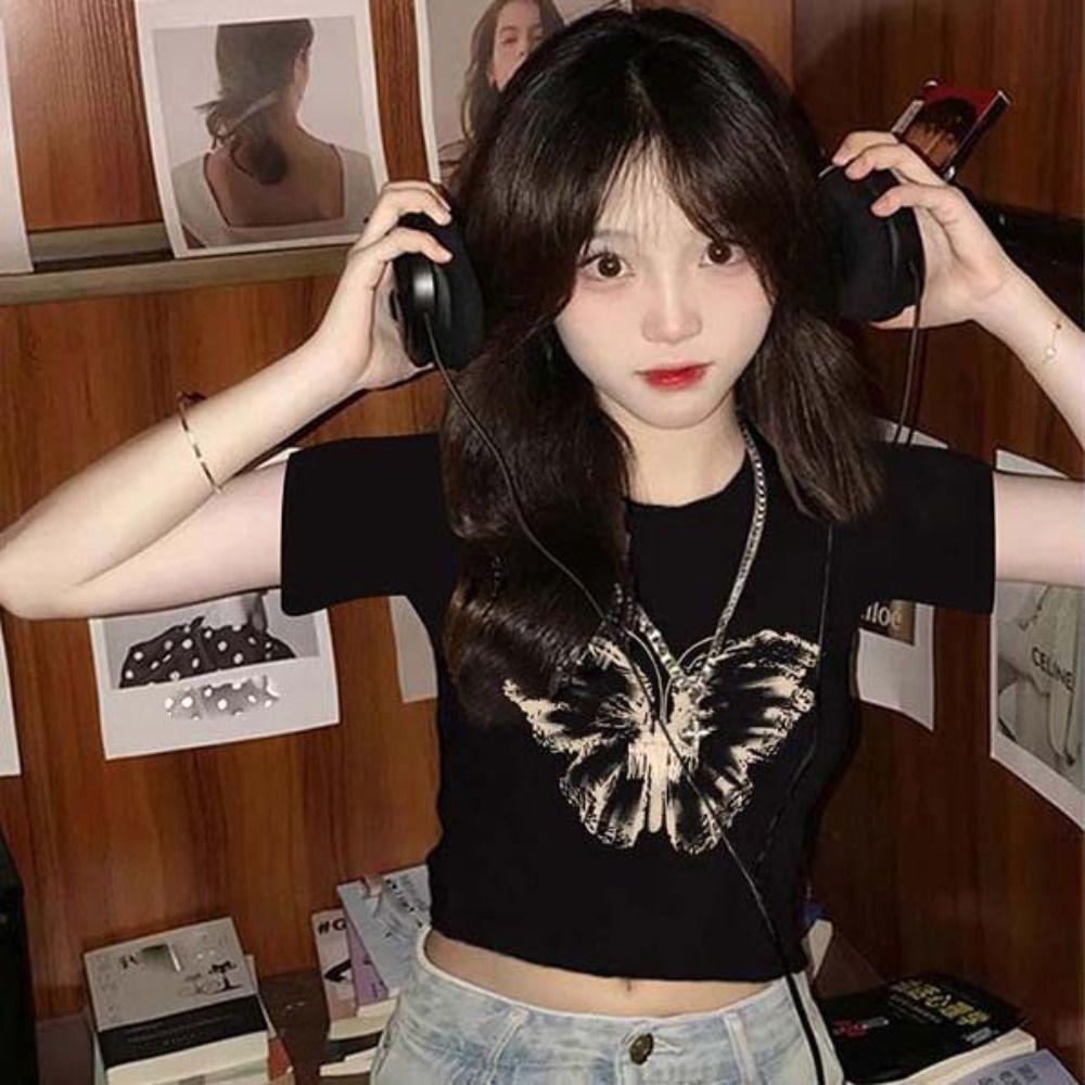 

Crew Neck Butterfly Printed T-Shirt Short Pullover Short Sleeves Top Fashion Party