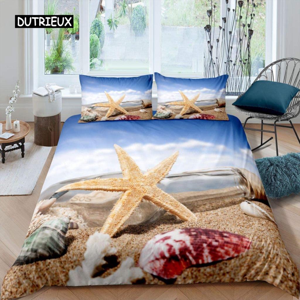 Starfish Duvet Cover Set Summer Beach Seashell Starfish Twin Bedding Set Polyester Hawaiian Tropical Nature Sea King Quilt Cover