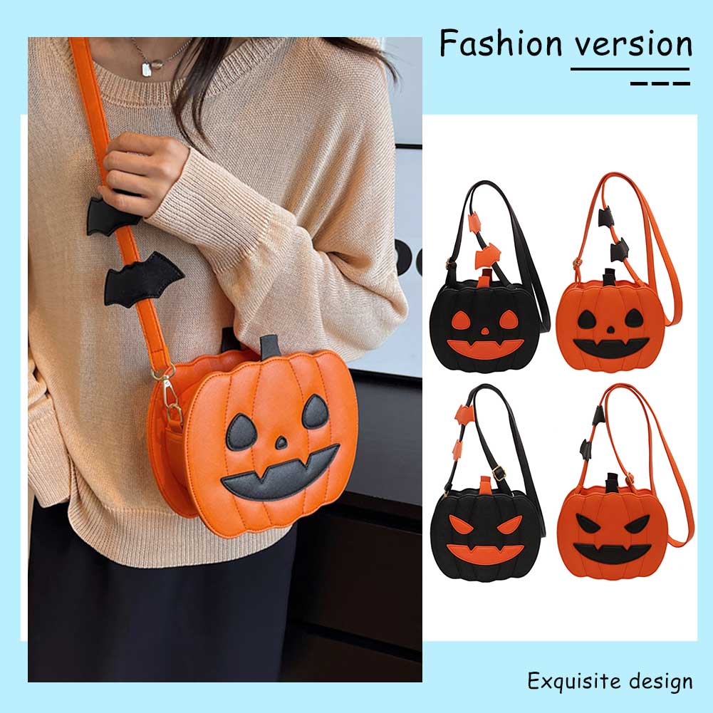 Women Novelty Pumpkin Purse PU Leather Demon Messenger Bag with Zipper Adjustable Strap Halloween Funny Bag