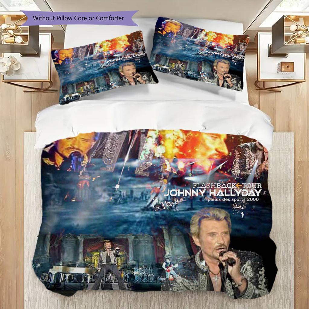Johnny Hallyday Three-piece set (1 * duvet cover + 2 * pillowcase, without core) 2D Flat Christmas birthday gift Soft and comfortable Bedding set