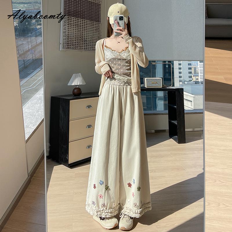 Japanese Mori Girl Spring Summer Women Straight Pants Elastic Waist Apricot Blue Washed Cotton Wide Leg Pants Floral Embroidery Ruffles Trousers