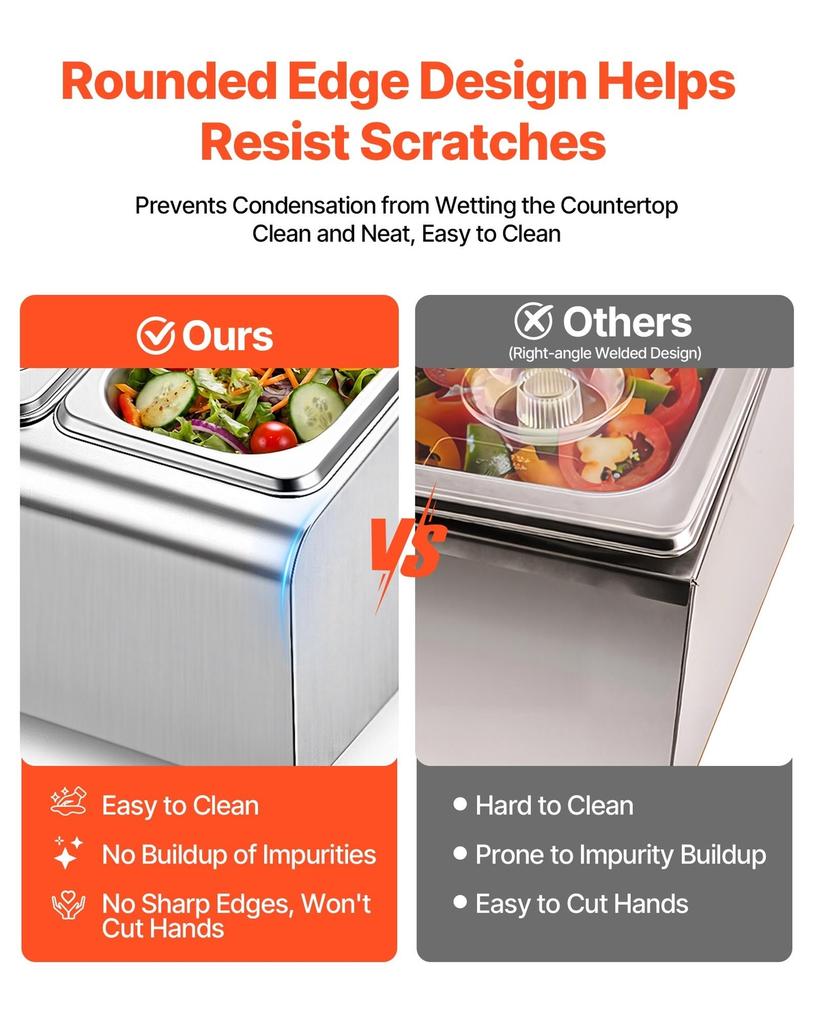 Countertop Food Serving Display Container, Stainless Steel Food Salad Server Tray, Buffet Condiment Dispenser, Ice Cooled Rack with Separate Lid, for
