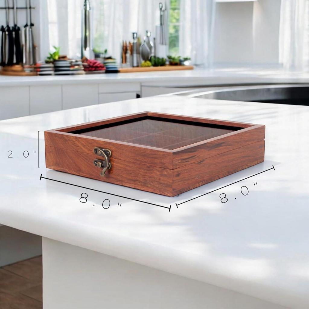 Wooden Spice Box With 9 Partitions & Spoon, Spice Container For Kitchen, Masala Dabba, Namakdani For Kitchen, Wooden Masala Box,