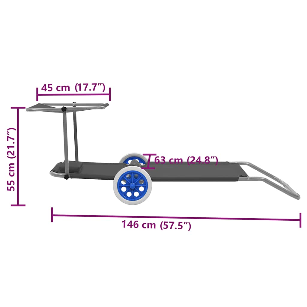 Folding Sun Lounger with Sunshade and Wheels Steel Gray