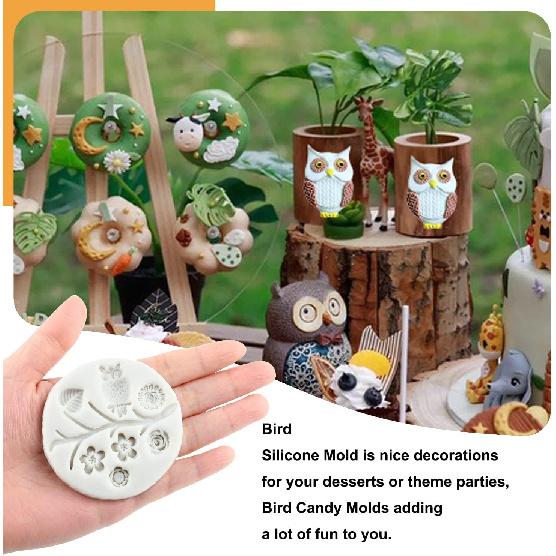 Sijiangmold Bird Silicone Molds Owls Tree Branch Fondant Mold Flower Leaves Silicone Molds For Cake Decorating Candy Chocolate Gum Paste Crafting