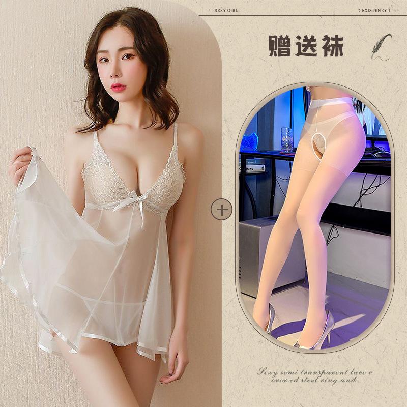 Sexy mesh pajamas erotic underwear perspective nightdress set suspender halter lace erotic loungewear