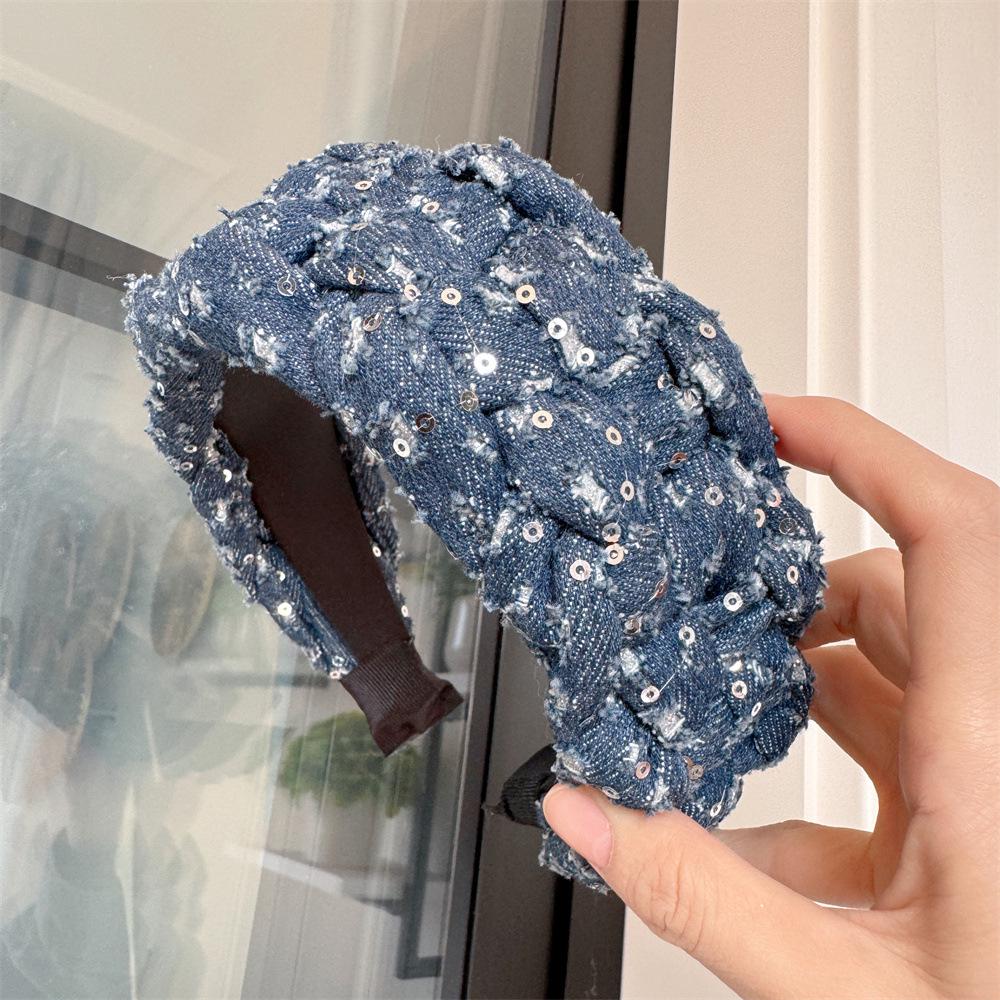 B240-1 Wide Headband: Elevates Hair & Accentuates Face with Small Sequin Denim Design – Trendy All-Match Accessory.