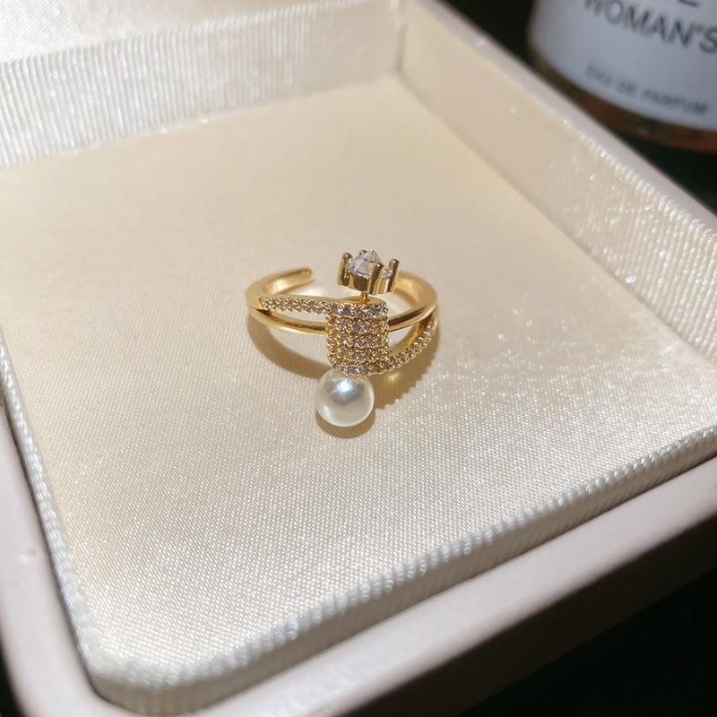 Japanese and Korean style simple zircon geometric opening pearl ring niche high-end index finger ring fashion exquisite ring women