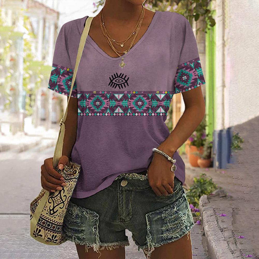 vintage women floral print t shirt short sleeve v neck tops comfortable t-shirts