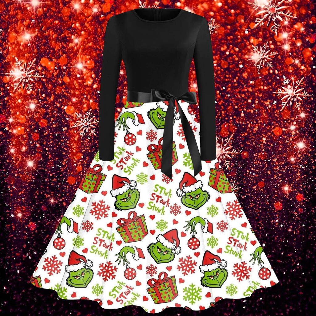 Christmas Flare Dress For Women Long Sleeve Dress  Party Casual Dresses