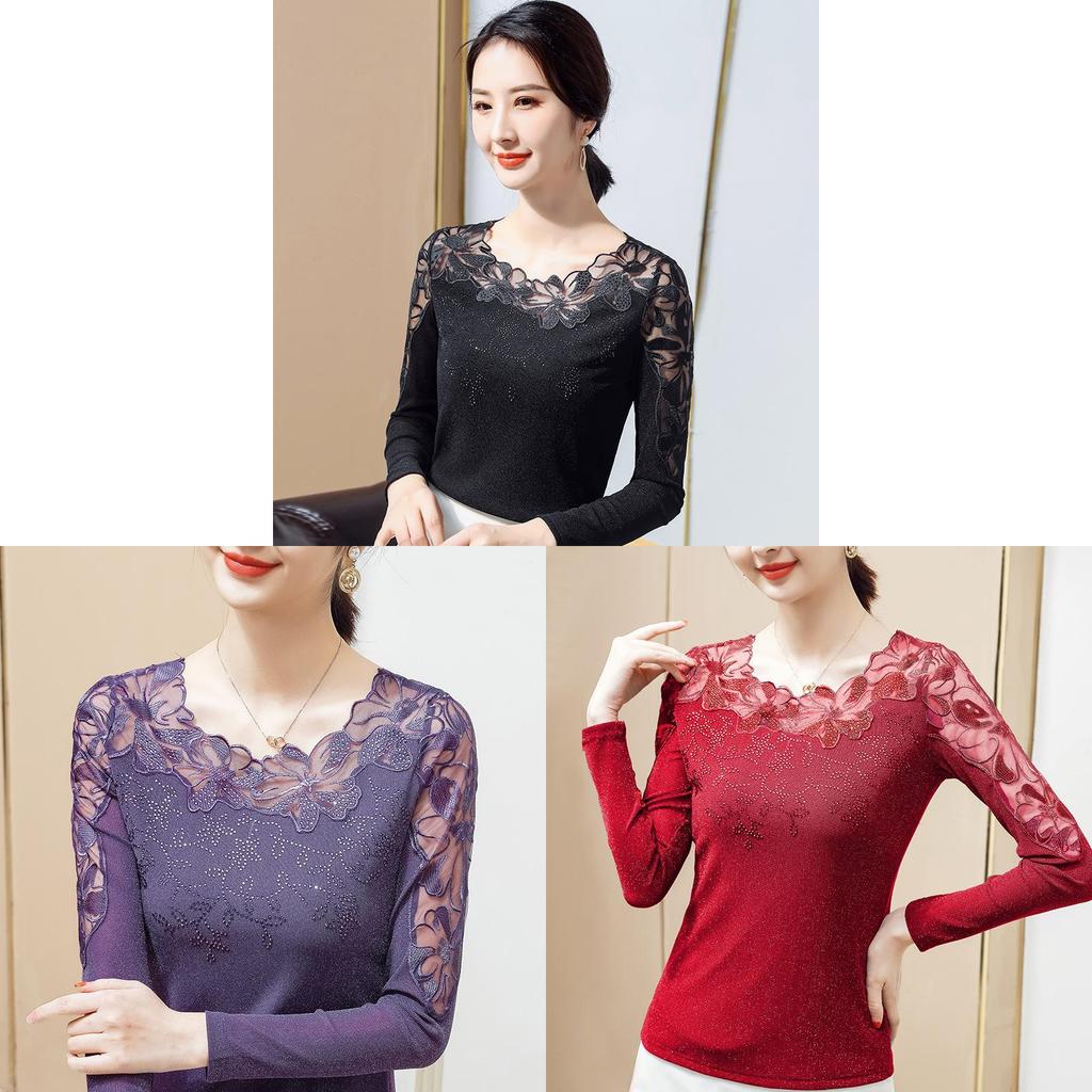 Lace Long Sleeve T Shirt With Mesh Fabric For Womens Elegant Office Wear