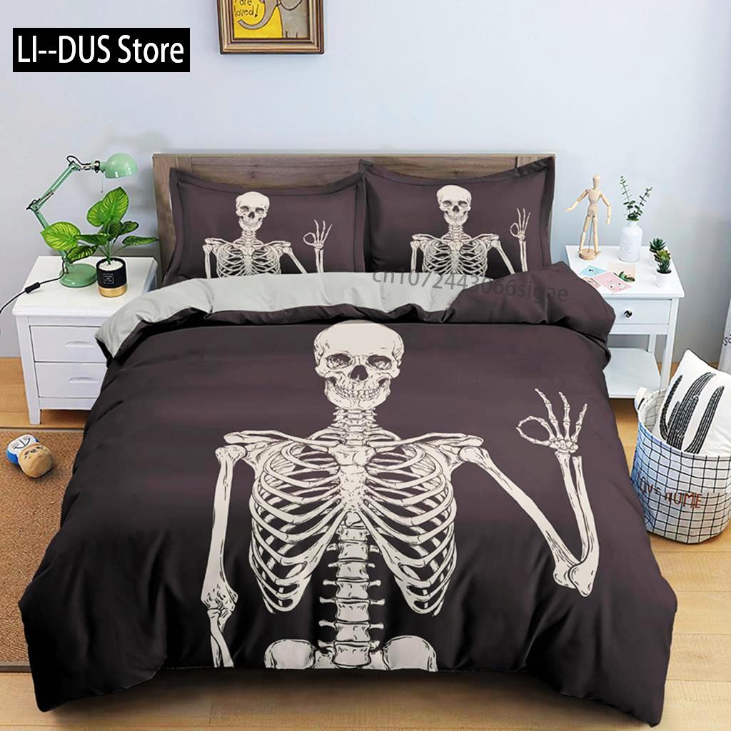 White And Black Skull Gothic Duvet Cover Skeletal Bedding Set Quilt Cover With Zipper Closure Queen Size Comforter Sets Decor