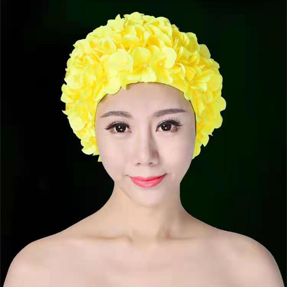 Women's Pleated Flower Swimming Cap Free Size Soft Long Hair Breathable Shower Cap Beach Surfing Protect Ears Elastic Caps Cozy