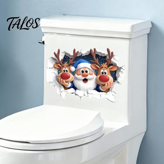 DIY Room Beautification Stickers Christmas Santa Claus And Elk Toilet Stickers, 3D Wall Breaking Decals, Waterproof PVC Decorative for Bathroom