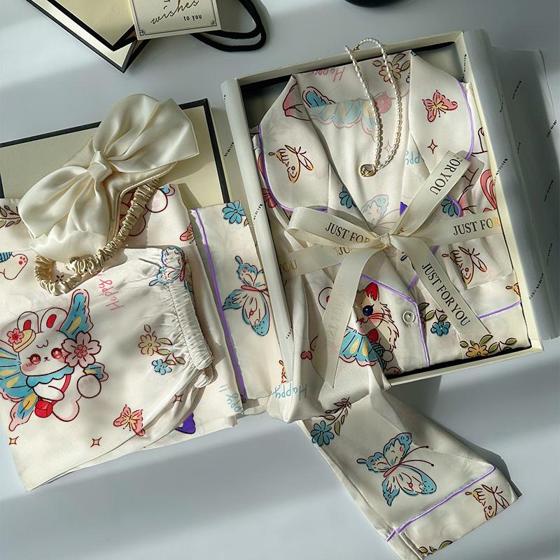 Ice Silk Thin Style Women'S Long-Sleeved Pajamas Spring And Autumn Cartoon Brown Puppy Polka Dot Print Loungewear