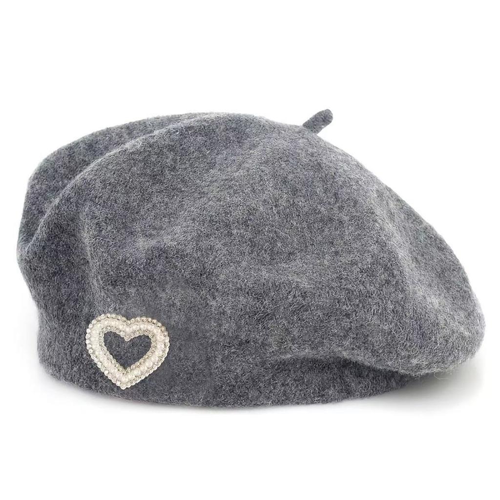 New autumn and winter wool beret women's pearl love rhinestone French face small warm painter hat