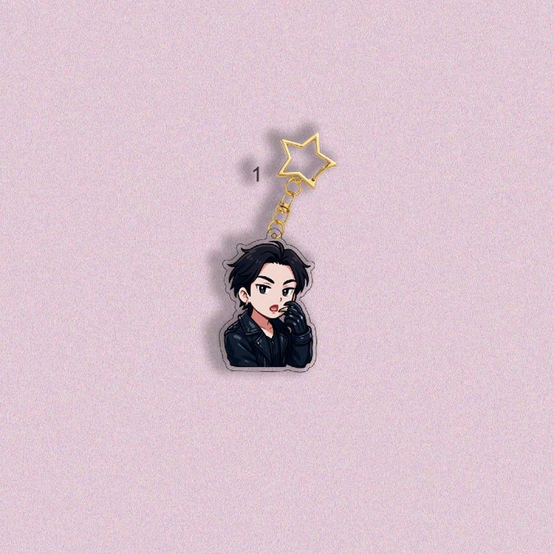 ENHYPEN Dark Leather Outfit Cartoon Acrylic Keychain, Gold Star Hook Bag Charm, Kpop Engene Fans Collectible Key Ring Gift JUNGWON