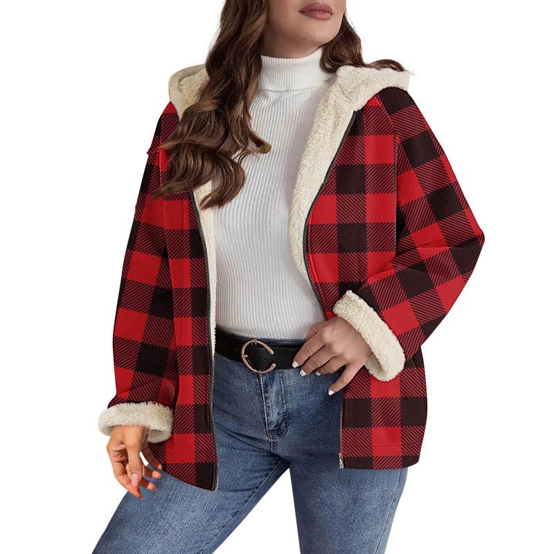 

2025 Autumn Women s Plaid Print Casual Zipper Hoodie - European & American Style M красный