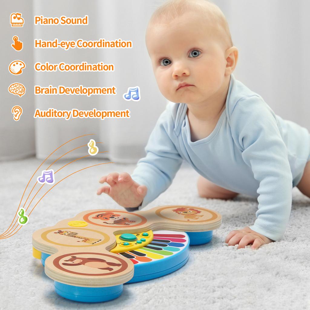 Işıklı ve Müzikli Karikatür Hayvanlı Ahşap 2'si 1 Arada Klavye Piyano Vurmalı Çalgı Müzik Oyuncakları 12 Ay Bebek Hediyeleri İçin Eğitici Oyuncaklar