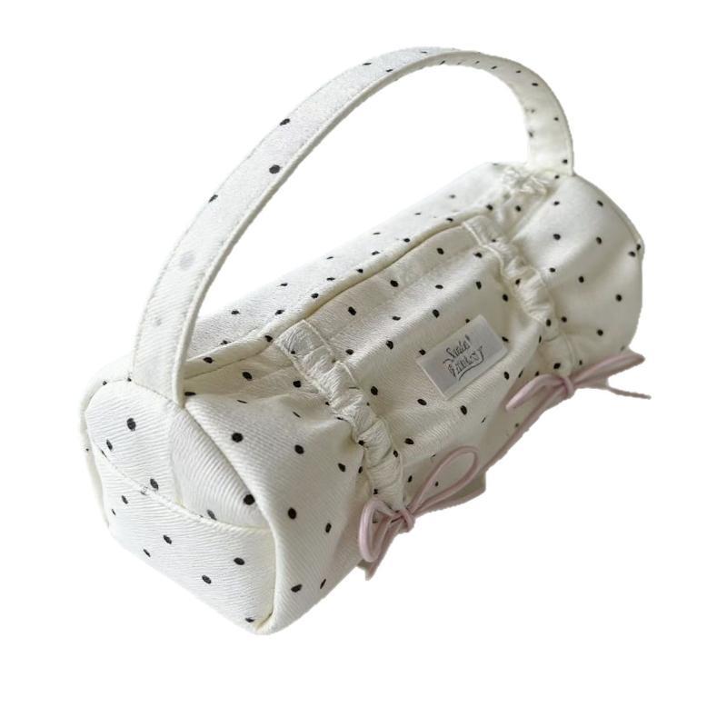 Korean Fashion Dot Pattern Fabric Pencil Bag Portable Multi-functional Stationery Pouch for Students Office Workers