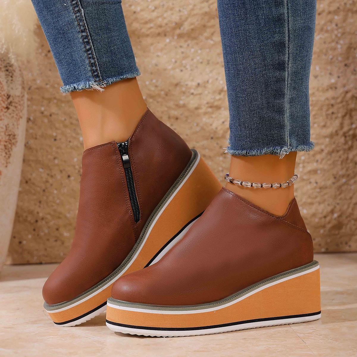 Женские ботинки на танкетке, женские ботильоны в стиле ретро, модные ботинки на платформе с круглым носком, удобные кожаные туфли на молнии для женщин на каблуке 36