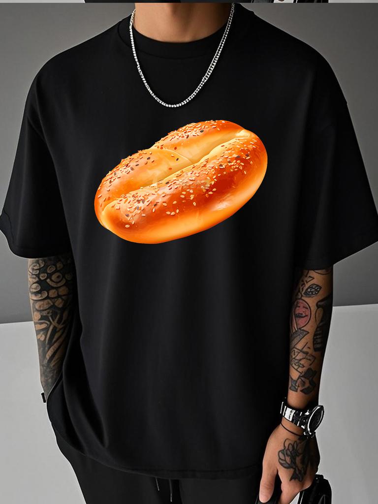 Unisex Summer White Short Sleeve Tee Realistic Sesame Bread Food Graphic Print Crew Neck Loose Casual Male Daily Street Tops
