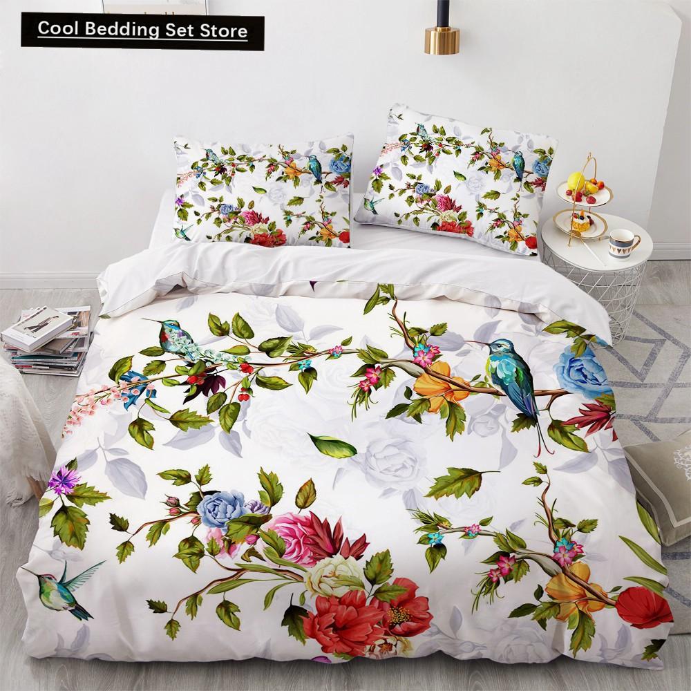 Blume Vogel Königin König Bettbezug Bunt Tropisch Floral Bettwäsche Set für Frauen Aquarell Pflanze 2/3tlg. Polyester Steppdeckenbezug