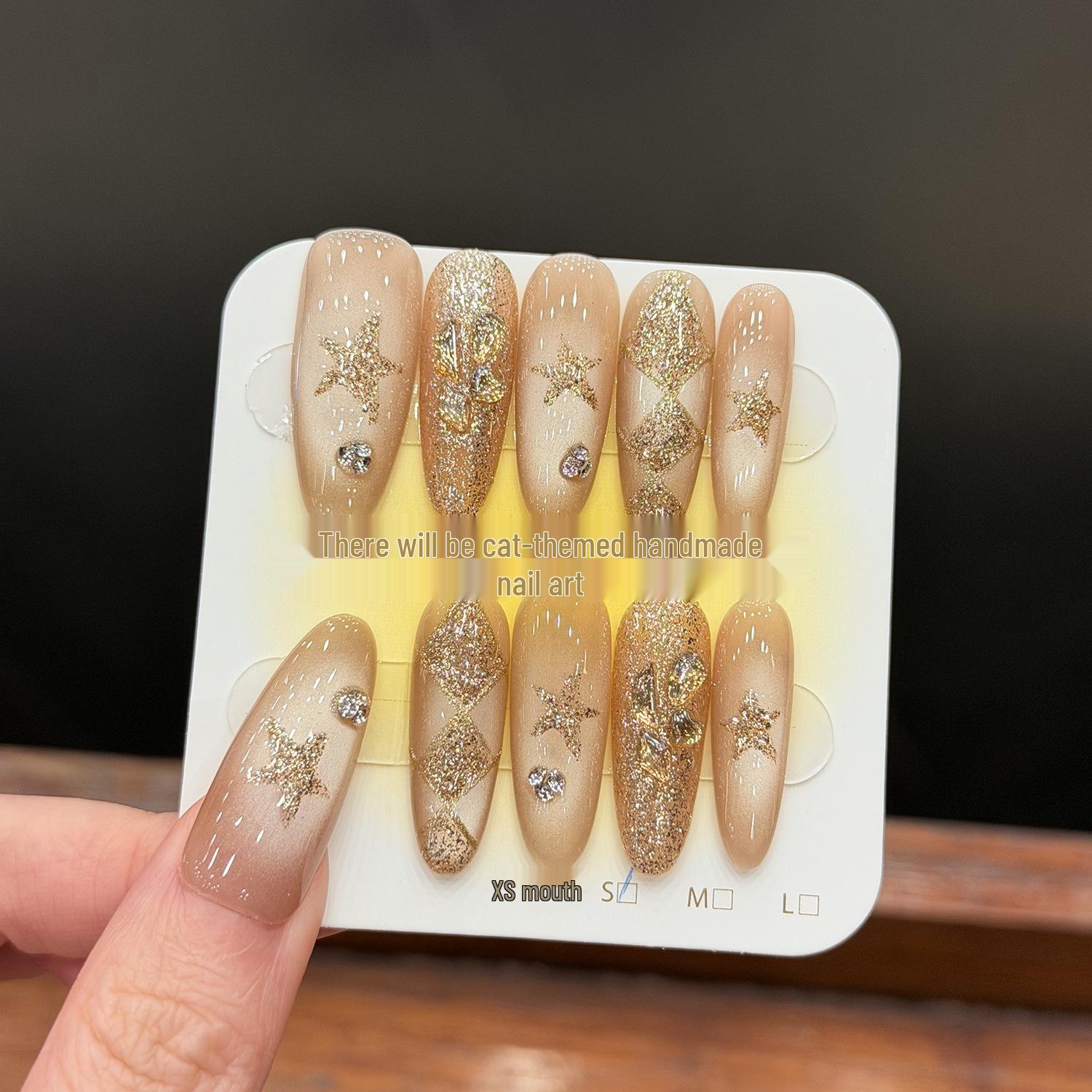 New Year Cat Eye Flash Rhinestone Plaid Glass Beads Hand-Painted Wearable Nails