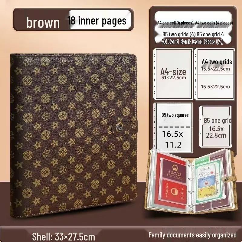 Family Document Storage Bag: Leather Magnetic Buckle A4 Album for Certificates, Receipts & Documents