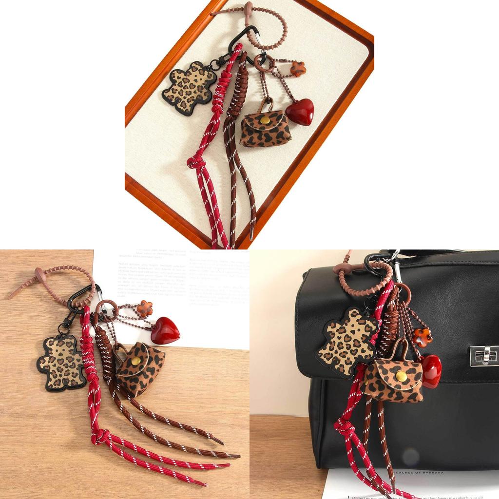 Miu Leather Leopard Print Keychain With Cute Bear And Heart Charm For Fashionable Bag Decor