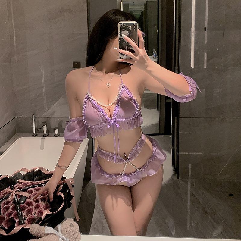 Sexy Lingerie Female Sexy Three-point Purple Pure Desire Temptation Suit Hot Split Pearl Bra Panties Uniform