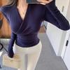 Reife Stil V-Ausschnitt Falten-Langarm-Oberteil für Damen – Herbst/Winter Schlankmachendes Taillen-T-Shirt
