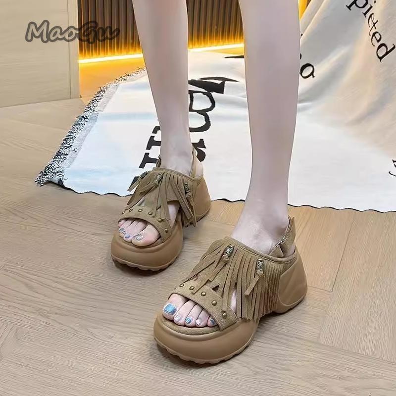 Fashion Metal Rivet Decoration Fringe Suede Sandals Women 2025 Summer Chunky Platform Wedge Sandals Casual Back Strap Shoes Sandalias