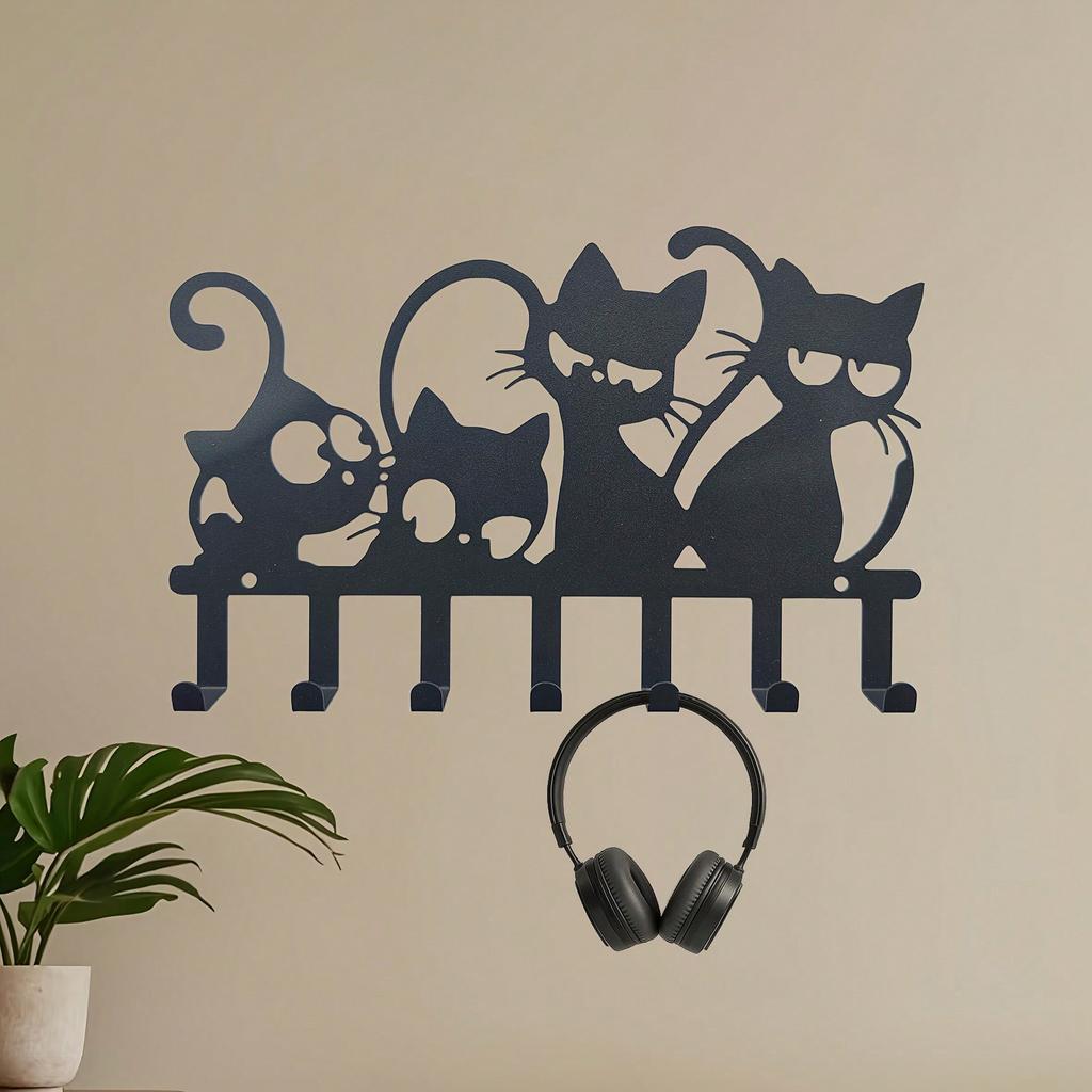 Cat Shaped Wall Mounted Key Hook Organizer, 7 Hooks for Keys Towels Coats, Easy Install Entryway Storage Rack for Living Room Hallway Office