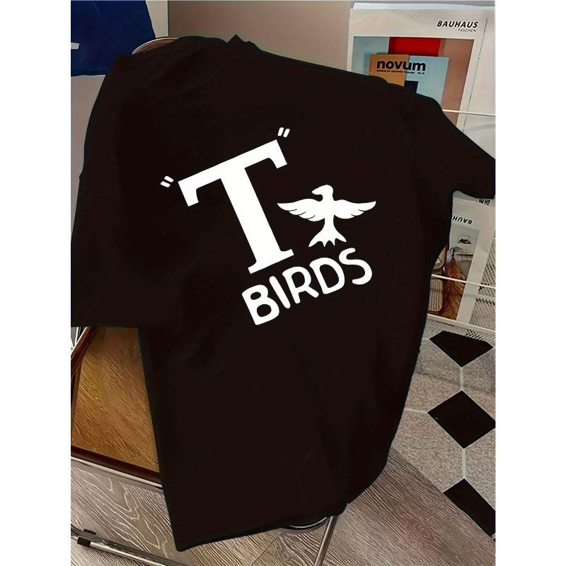 European Sizes Vintage T-Shirt with T-Birds Classic Pattern - Trendy Short Sleeve Casual Top, Regular Fit, Crew Neck, Summer Style